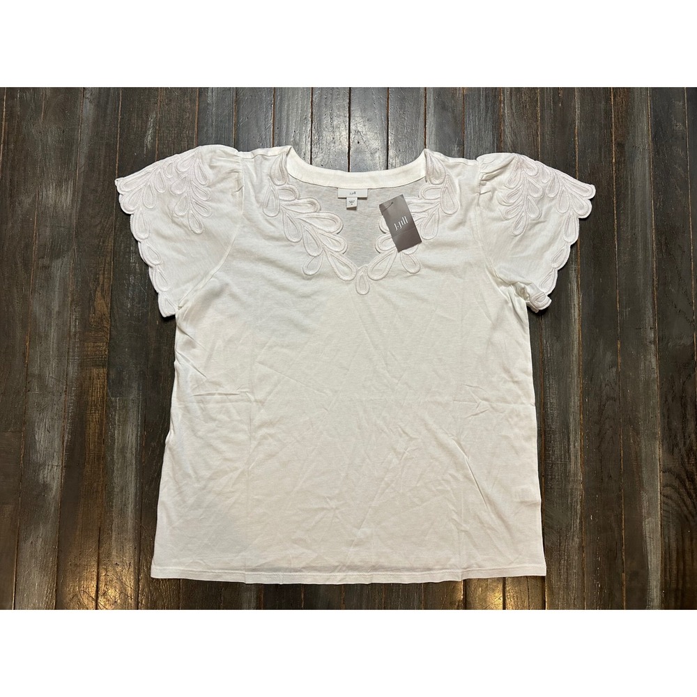 J. Jill White Cotton Modal Embroidered Eyelet V-Neck Petal Sleeve Top Medium NWT